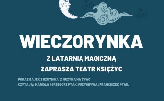 Plakat "Wieczorynka", księżyc i chmurki na ciemnoniebieskim tle